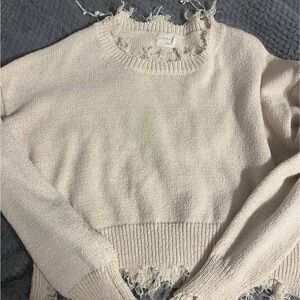 Debut Cream Ripped Crew Neck Sweater